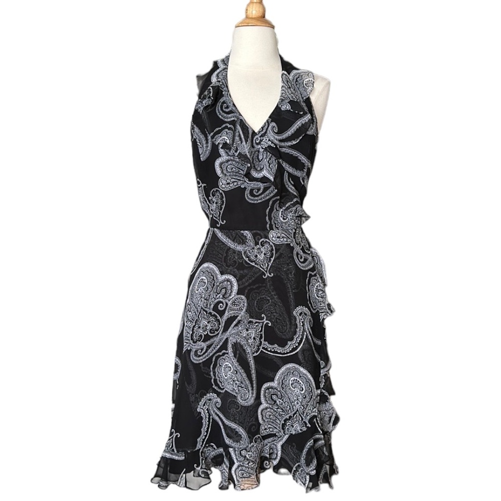 White House Black Market Black & White Paisley Ruffle Halter Dress, 10